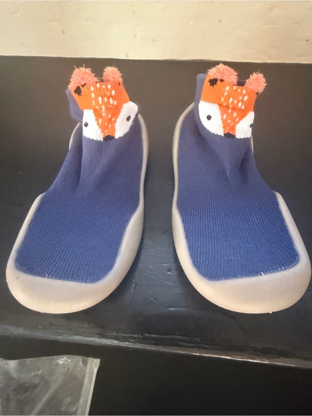 Baby toddler Navy Blue Slip-On Soft Sole Shoes with fox Pom Accent